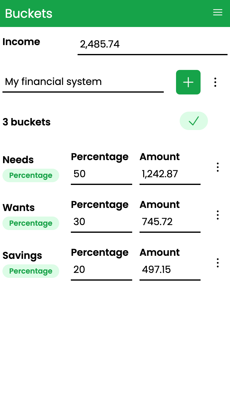A screenshot of Wealthsplitter with a needs wants savings system and an irregular income amount of $2,485.74.