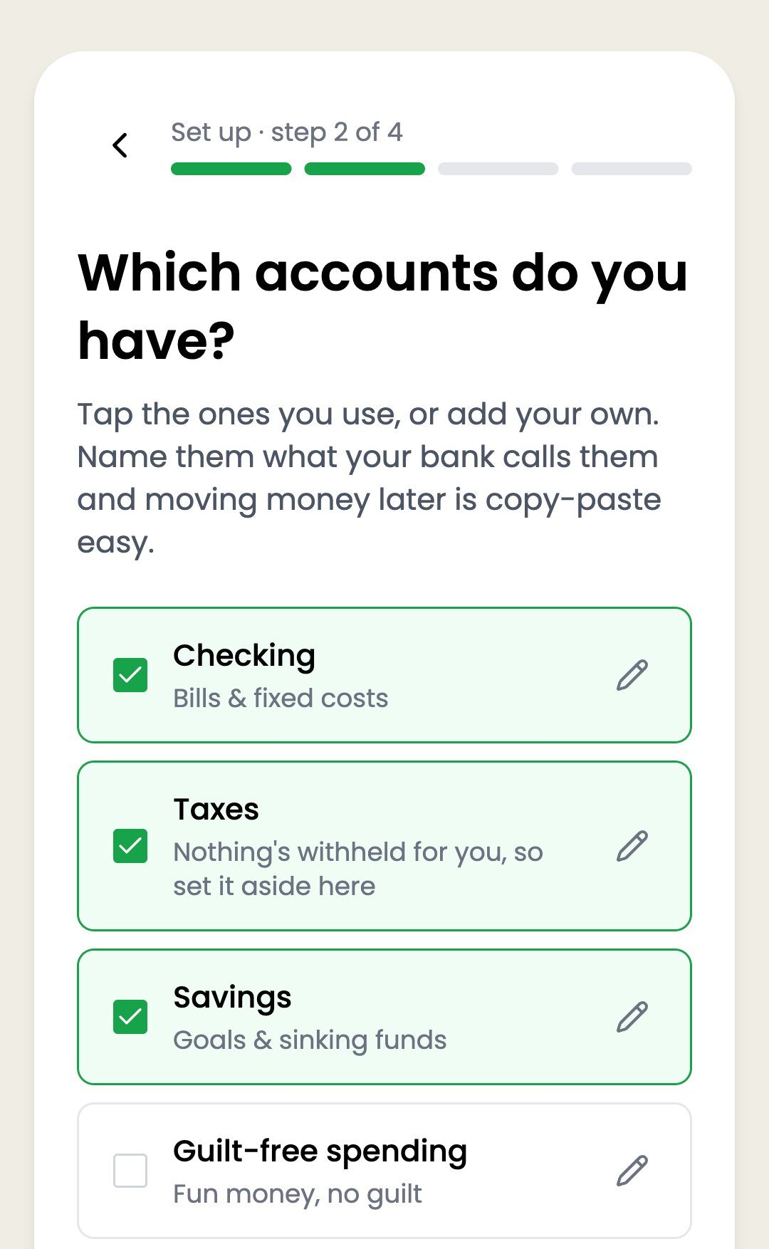 The Wealthsplitter setup wizard asking which accounts you have.